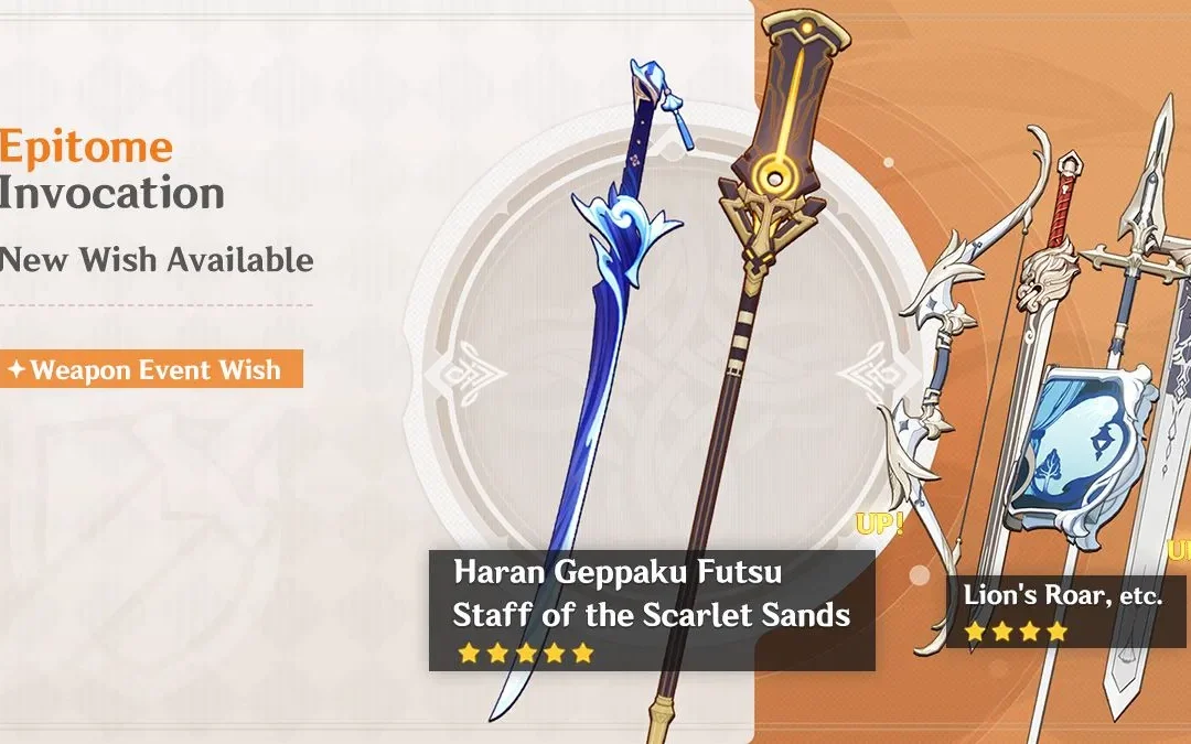 Megérkezett az új “Epitome Invocation” – A Staff of the Scarlet Sands (Polearm) és Haran Geppaku Futsu (Sword) fegyver banner információ!