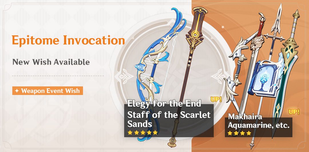 Megérkezett az új “Epitome Invocation” – Staff of the Scarlet Sands (Polearm) és Elegy for the End (Bow) fegyver banner információ!