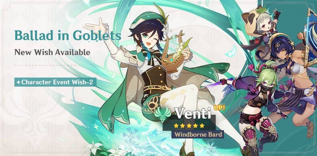 Megérkezett az új „Ballad in Goblets” – „Windborne Bard” Venti (Anemo) banner információ!